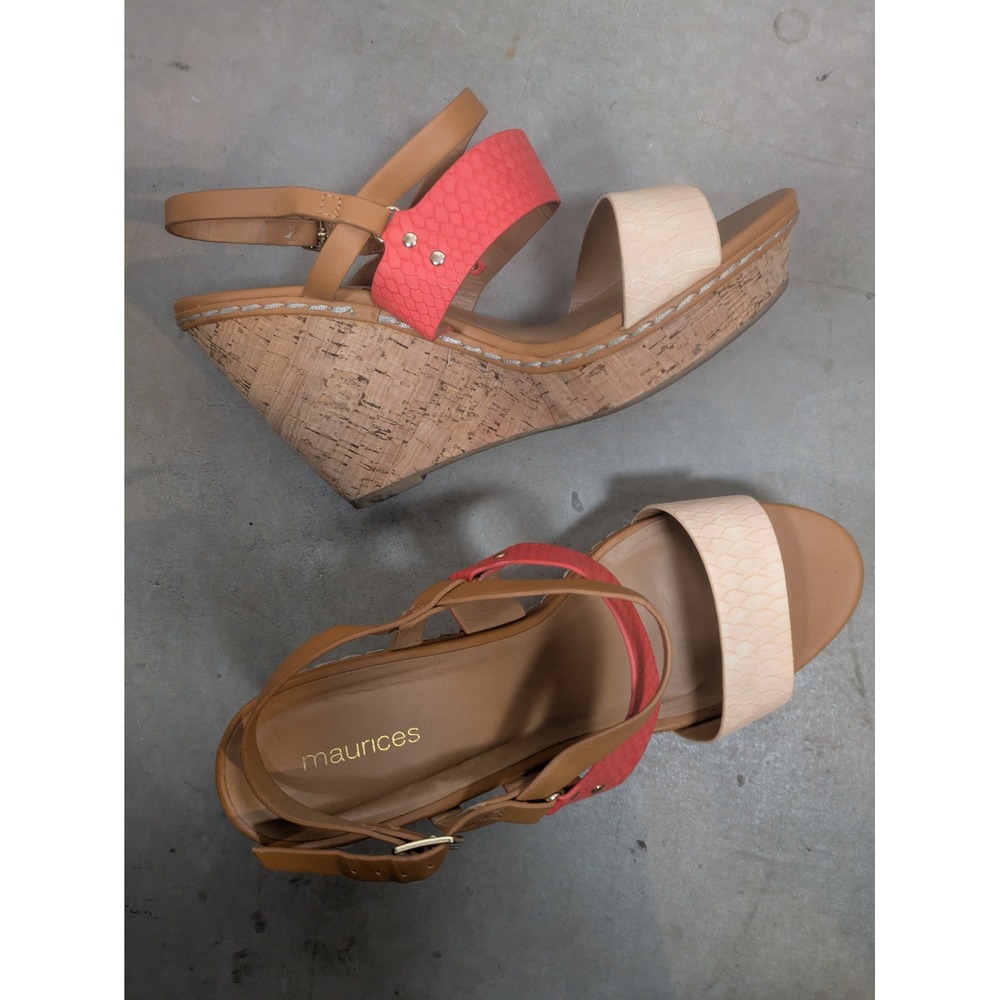 NEW Maurices Blythe Wedge Sandals Women 11 Coral Combo Cork Strappy